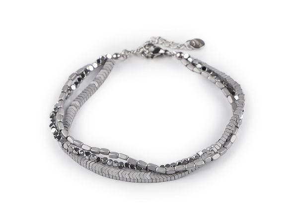 Elegant Triple-Strand Plated Hematite Bead Bracelet with Stainless Steel Extension Chain