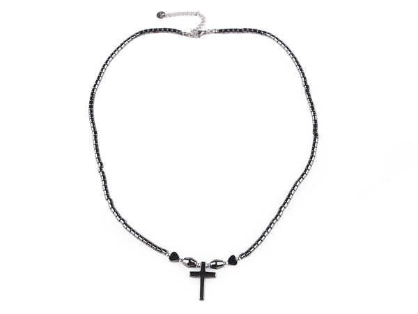 Hematite Bead Pendant Necklace with Stainless Steel Chain - Adjustable Neckwear with Heart or Cross Pendant