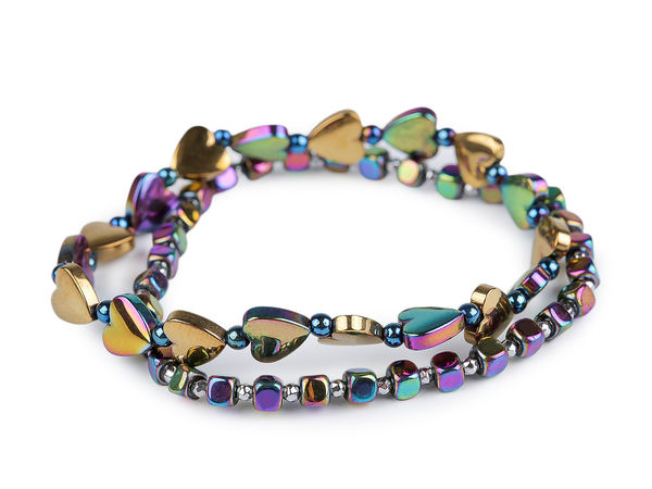 Elastic Plated Hematite Stretch Bracelet Set with Heart Charm - 2 Pieces