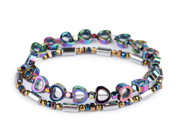 Elastic Plated Hematite Stretch Bracelet Set with Heart Charm - 2 Pieces