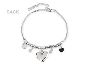 Elegant Stainless Steel Heart Pendant Snake Bracelet with Beads and Rhinestones - Silver