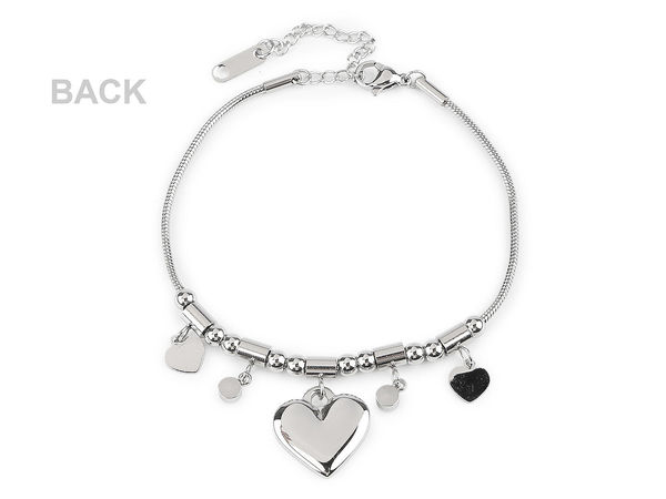 Elegant Stainless Steel Heart Pendant Snake Bracelet with Beads and Rhinestones - Silver