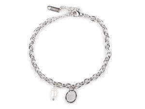 Mother-of-Pearl and Freshwater Pearl Stainless Steel Chain Bracelet - Platinum Finish