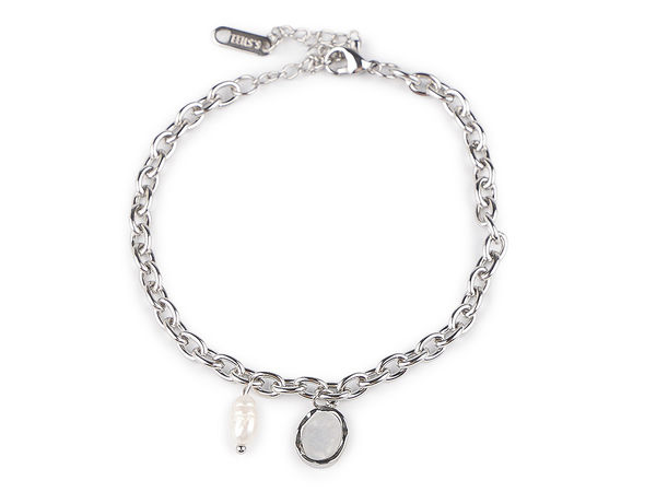 Mother-of-Pearl and Freshwater Pearl Stainless Steel Chain Bracelet - Platinum Finish