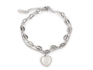 Elegant Stainless Steel Double-Chain Heart Pendant Bracelet with Mother-of-Pearl Accent