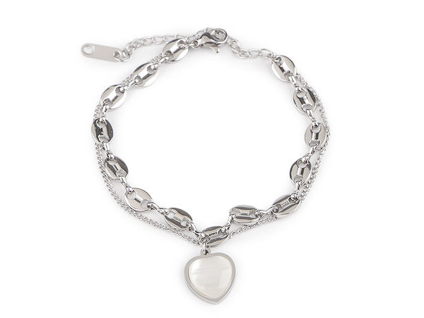 Elegant Stainless Steel Double-Chain Heart Pendant Bracelet with Mother-of-Pearl Accent