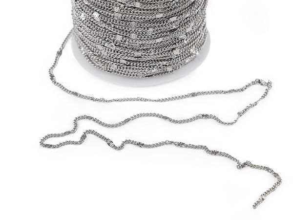 Platinum-Tone Decorated Stainless Steel Chain (2mm) - Star-Embossed Link Chain for Jewelry Making