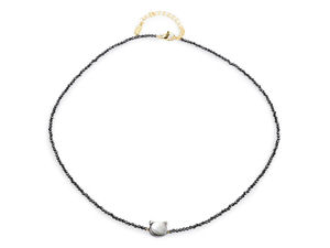 Black Cut Bead Necklace with Mother-of-Pearl Cat Centerpiece - Adjustable Stainless Steel Extension Chain