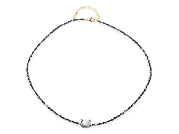 Black Cut Bead Necklace with Mother-of-Pearl Cat Centerpiece - Adjustable Stainless Steel Extension Chain