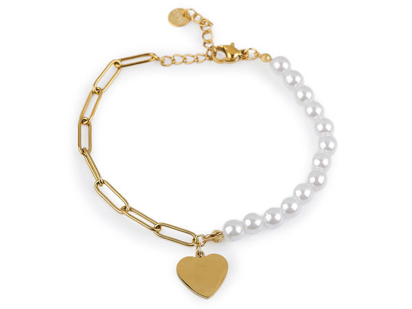 Elegant Stainless Steel Pearl Charm Bracelet with Heart and Flower Accents