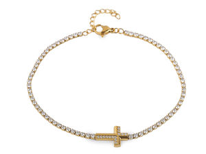 Elegant Crystal Gold Rhinestone Cross Bracelet in Stainless Steel - Adjustable Clasp