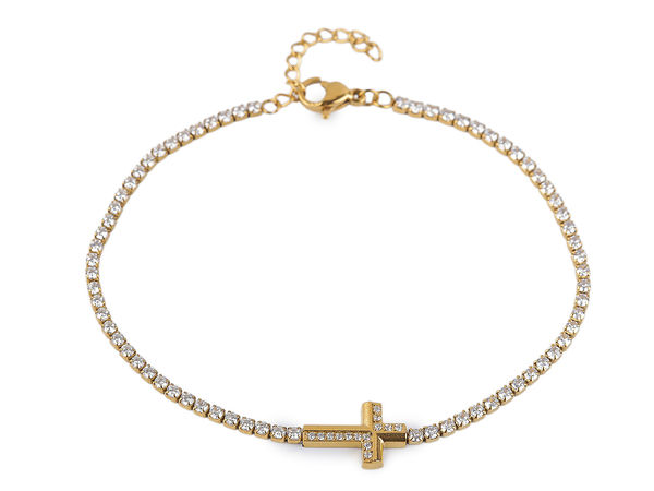 Elegant Crystal Gold Rhinestone Cross Bracelet in Stainless Steel - Adjustable Clasp