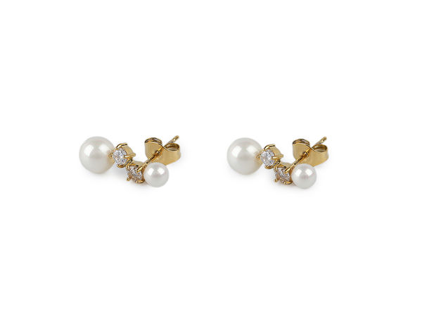Elegant Gold Stainless Steel Pearl Stud Earrings with Sparkling Cut Stones - Premium Hypoallergenic Surgical Steel Jewelry