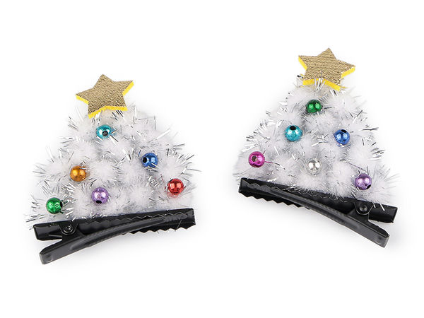 Festive Christmas Tree Pompom Hair Clips – Holiday Hairpins with Lurex and Star Details