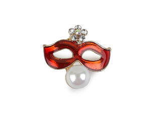 Elegant Mask Brooch with Faceted Glass Stones and Pearl - Red Vintage-Style Metal Fashion Pin