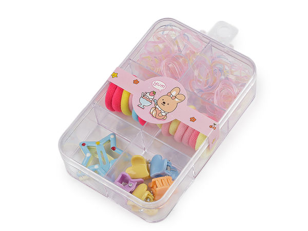 Kids' Mini Hair Accessories Set with Storage Organizer Box – Assorted Hair Ties, Claw Clips, and Snap Hairpins (Multi-Pack)