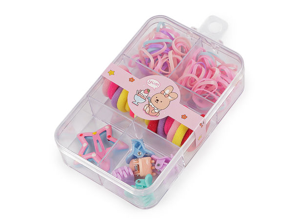 Kids' Mini Hair Accessories Set with Storage Organizer Box – Assorted Hair Ties, Claw Clips, and Snap Hairpins (Multi-Pack)