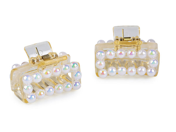 Elegant Mini Pearl Hair Claw Clips (2-Piece Set) - High-Shine White AB Iridescent Small Hair Clamps for Festive & Everyday Hairstyles