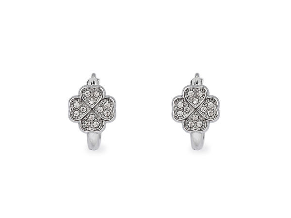 Stainless Steel Four-Leaf Clover Hoop Earrings with Cubic Zirconia - Crystal Silver
