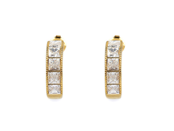 Cubic Zirconia Stainless Steel Open Hoop Earrings with Square-Cut Crystals