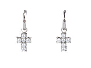 Stainless Steel Hoop Earrings with Hanging Pearl Cross Charms