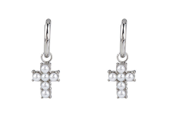 Stainless Steel Hoop Earrings with Hanging Pearl Cross Charms