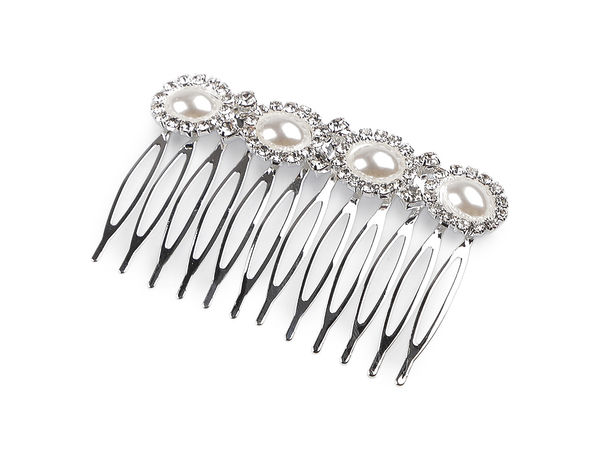 Premium Crystal White Rhinestone and Pearl Metal Hair Comb - Elegant Bridal and Evening Accessory