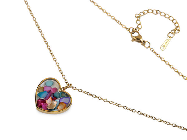 Double-Sided Stainless Steel Heart Pendant Necklace with Inlaid Stone and Pearl Accents