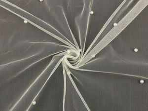 Elegant Fine Tulle Fabric with Riveted Pearl Beads (Sold by the Metre)