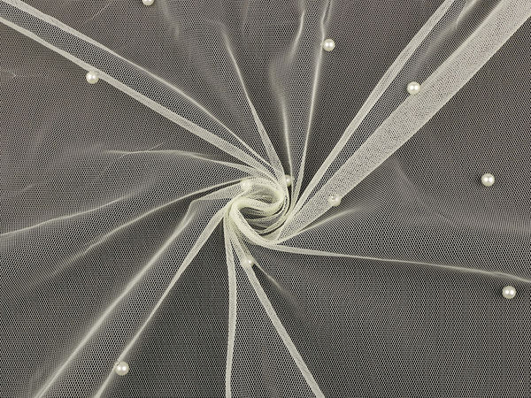 Elegant Fine Tulle Fabric with Riveted Pearl Beads (Sold by the Metre)