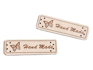 Premium Eco-Leather 'Hand Made' Clothing Labels (15x50mm) - Embossed Decorative Tags with Pre-Punched Holes for Sewing, Knitting, and Crafts