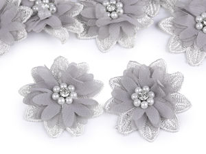 Elegant 5cm Chiffon and Lace Floral Applique with Rhinestone and Bead Center for Sewing, Gluing, and DIY Crafts