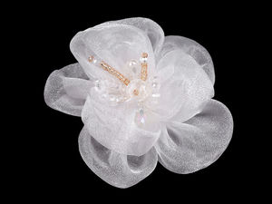 Premium White Organza Flower Applique with Glass Beads - Sew-On & Glue-On Decorative Textile Flower (Ø6-7 cm)