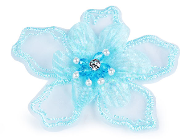 Premium 3D Double-Layer Organza Decorative Flower Applique with Pearls and Rhinestones, Ø8 cm Sew-On/Glue-On Craft Motif