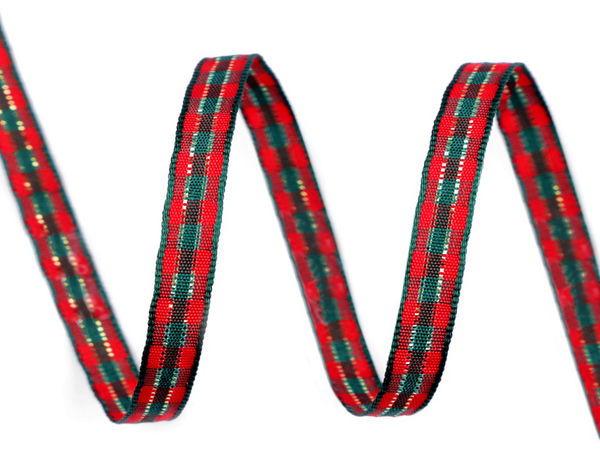 Red & Gold Christmas Tartan Check Ribbon with Lurex (6mm) - Double-Sided Glitter Craft Ribbon for Sewing, Gift Wrapping, and Festive Holiday Decor