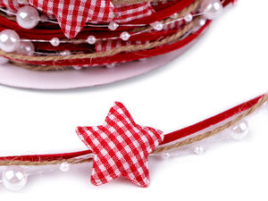 Triple-Strand Christmas Ribbon with Soft Checkered Stars and Bead Accents