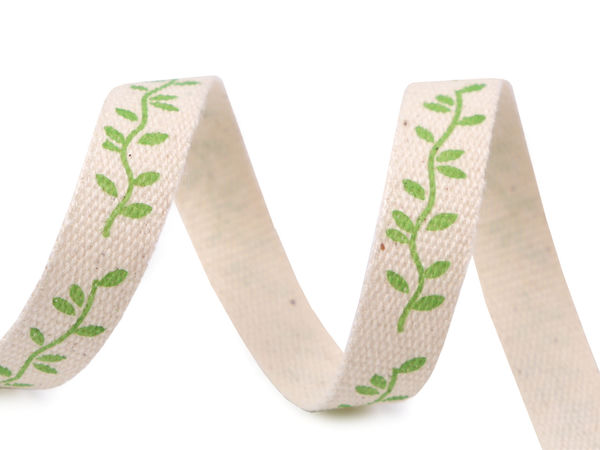 Premium 10mm Cotton Ribbon with Leaf Print - Ecru Light