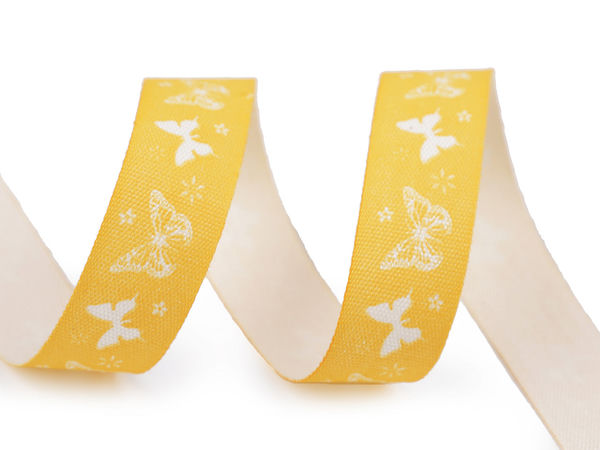 Yellow Butterfly Print Cotton Ribbon - 15mm Width for Crafts, Floristry, and Gift Wrapping