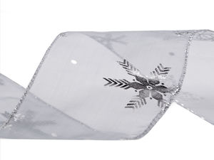 Ziemassvētku organzas lenta ar metāliskām sniegpārslām, platums 60 mm