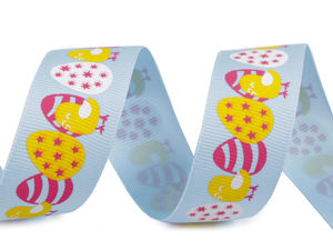 Light Blue Easter Eggs & Chicks Grosgrain Ribbon (25mm) - Premium Spring Decorative Craft Ribbon