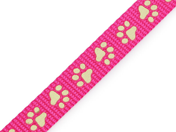 Pink Glow-in-the-Dark Paw Print Polypropylene Webbing for Pet Collars, Leashes & Bags - 15mm