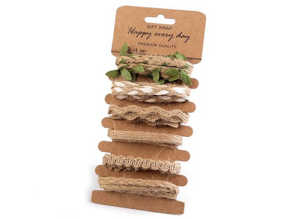Assorted Jute String and Decorative Trim Set for Crafts, Floristry, and Gift Wrapping (6-Piece Pattern Mix, 1m Coils)