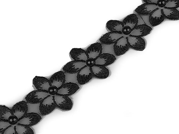 Floral Lace Trim with Riveted Pearl Beads (35mm) - Elegant Embellishment Ribbon for Dresses, Blouses, and Crafts