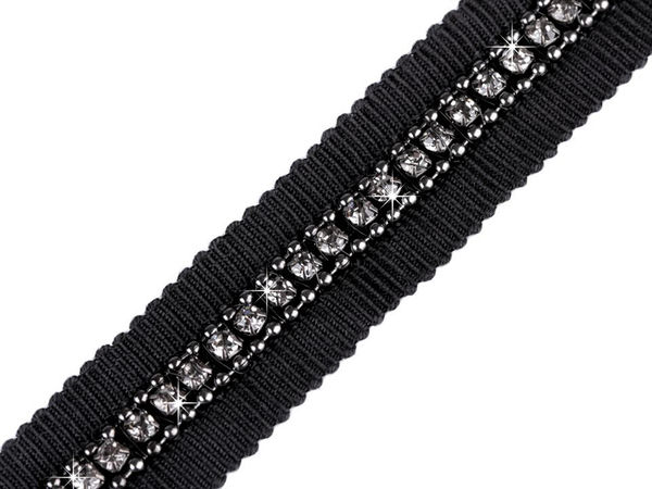 Premium Black Rhinestone and Chain Trim Clothing Braid - 15mm Elegant Embellishment for Jackets, Coats, Dresses, and Accessories