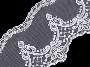 Premium White Embroidered Organza Lace Trim, 12.5cm Wide Elegant Curved Floral Lace for Bridal, Apparel, and Home Decor