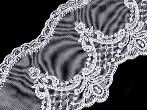 Premium White Embroidered Organza Lace Trim, 12.5cm Wide Elegant Curved Floral Lace for Bridal, Apparel, and Home Decor