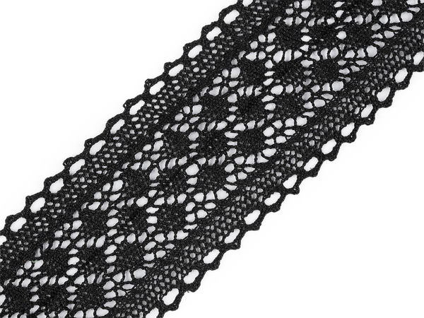 Premium Black Cotton Bobbin Lace Trim with Geometric Circle Pattern - 70mm Width for Sewing, Home Decor & Crafts