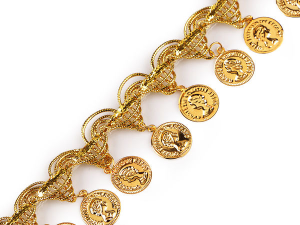 Shakira Leon Metallic Coin Braid Trim, 38mm Decorative Lurex Ribbon with Jingling Metal Relief Coins