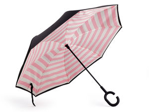 Coolbrella Striped Reverse Folding Umbrella with C-Shaped Handle - Double Layer Stand-Alone Windproof Stick Umbrella