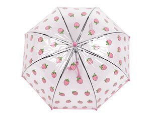 Kids Transparent Bubble Umbrella with Automatic Open - Pink Strawberry Pattern, Safety-Tip Ribs & Name Tag